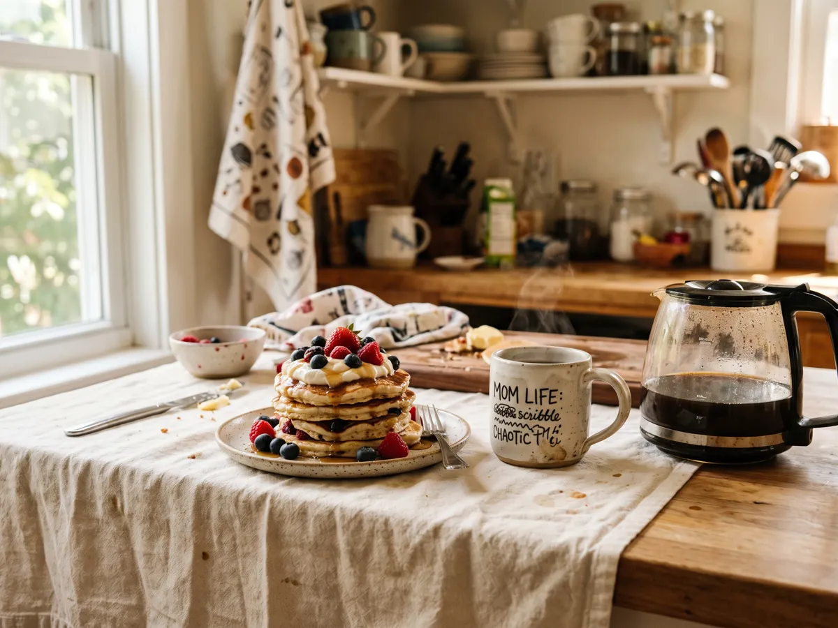 Kitchen counter with coffee mug, coffee pot and pancakes