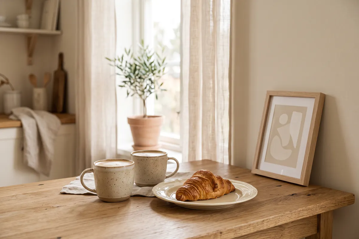 Cozy kitchen table with two coffee mugs and a small framed beige print