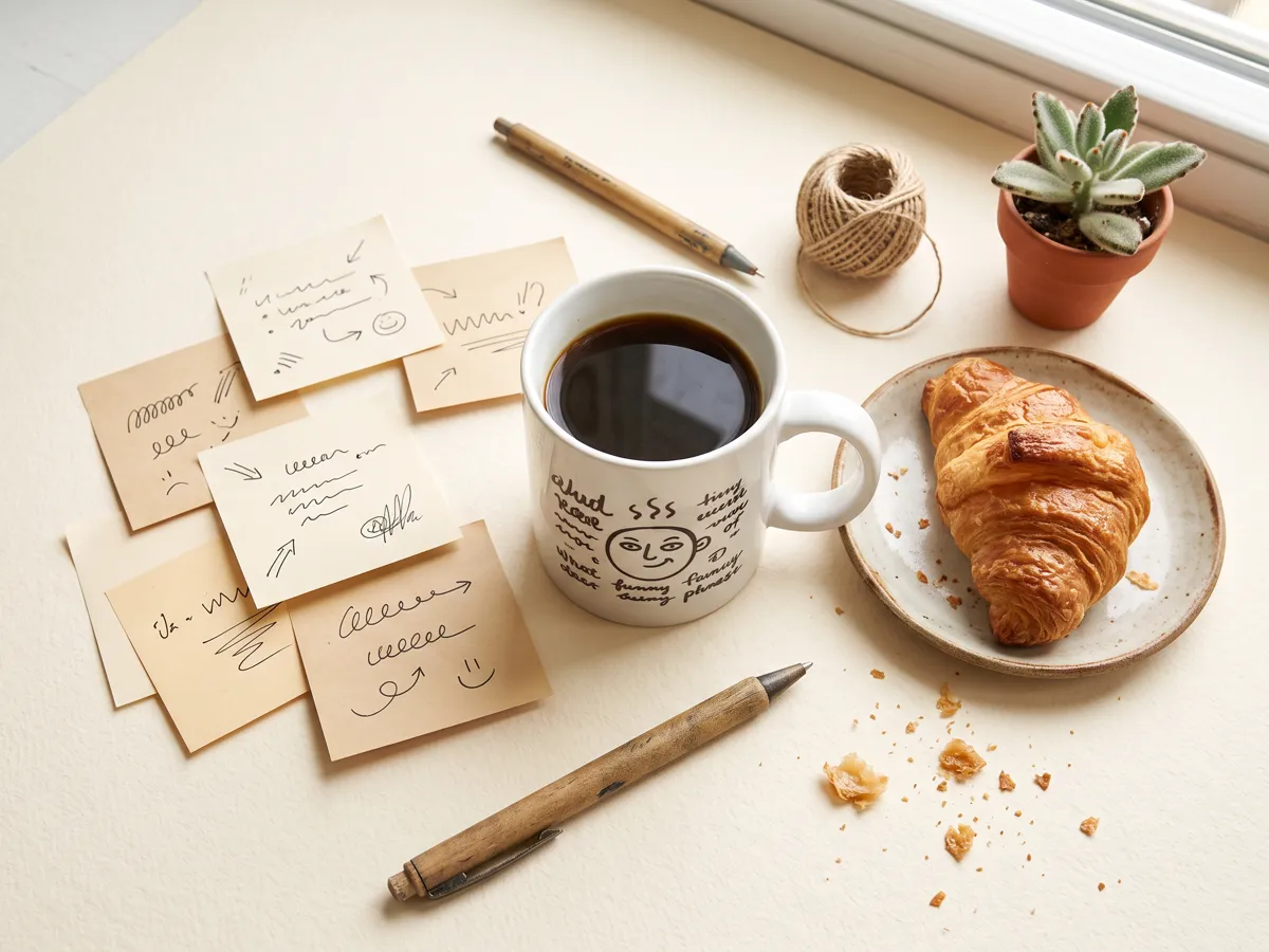Coffee mug with sticky notes and croissant on cream background
